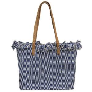 42-3118 Τσάντα Παραλίας Cotton Μπλε με Κρόσια 50x35x14cm , Καλοκαιρινά