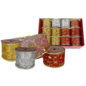 93-2224 Κορδέλα Χριστουγέννων Οργάντζα-Σχέδιο Αστέρια 6,3cm X5,5m , Χριστουγεννιάτικα