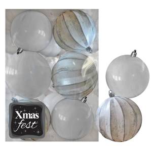 93-3570 Μπάλες Ανάγλυφες Αντικέ μιξ με Λευκές πακ=6τεμ φ7 ø7cm , Χριστουγεννιάτικα