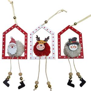 93-4012 Στολίδι Ξύλινο Σπιτάκι με Φουντωτή Μπάλα 18x7cm , Χριστουγεννιάτικα