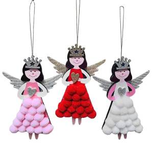 93-4017 Στολίδι Ξύλινο Αγγελάκι με Φουντίτσες 14x10cm , Χριστουγεννιάτικα