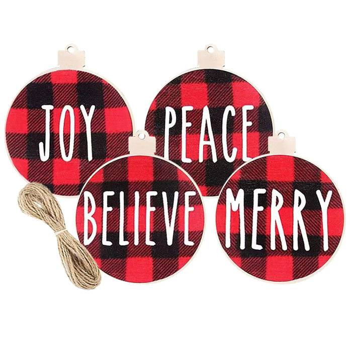 93-3596 Στολίδια Ξύλινα Καρώ Ευχές σετ=3 τεμ ø7,5cm χονδρική, Χριστουγεννιάτικα χονδρική